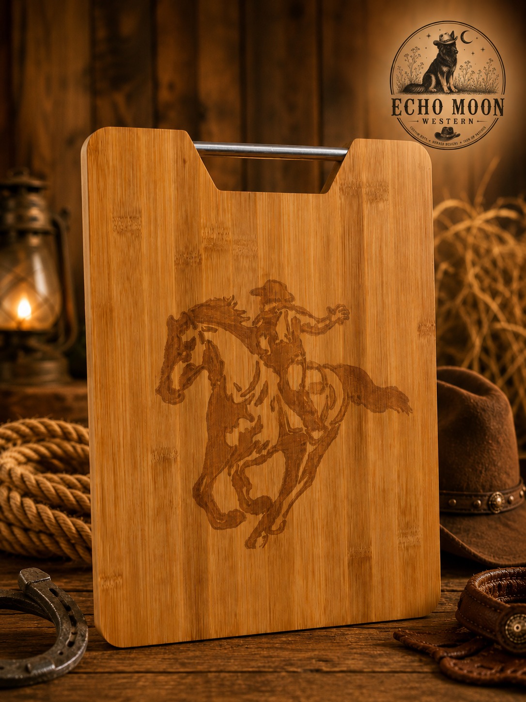 Cowgirl on horse chopping board