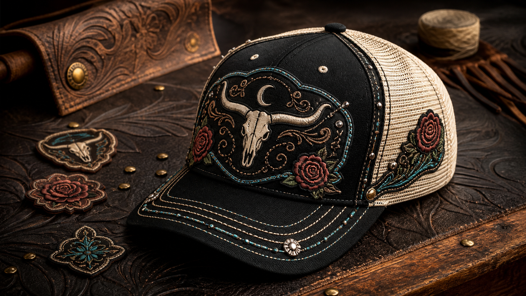 A styled custom western trucker cap with floral, skull and crescent moon patch details